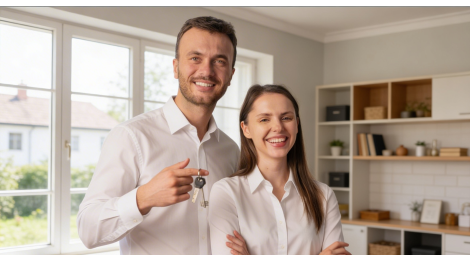 Pareja joven con llaves de su nuevo hogar